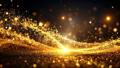 Abstract shimmering golden light trails and bokeh blur against a dark backdrop creating a luxurious elegant effect