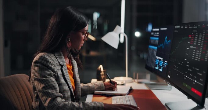 Trading, night and woman with computer screen, writing and checklist for income. Evening, person and investor in office, notebook and data analysis with profit review, charts and revenue increase
