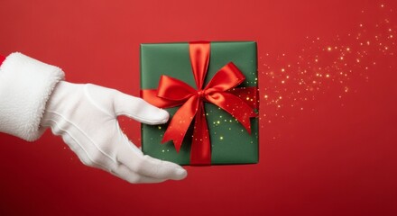 A festive green gift box with a red ribbon is presented by Santa's gloved hand, with sparkling glitter in the background.
