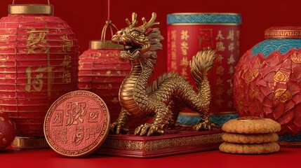 Fototapeta premium chinese new year 2024 greeting card bright red asian year of the dragon background with golden dragon figurine chinese lanterns traditional jewelry gifts coins cookies with wishes copy generative ai