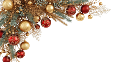 Corner arrangement of festive red and gold christmas ornaments with pine branches and glittery accents, isolated on transparent background