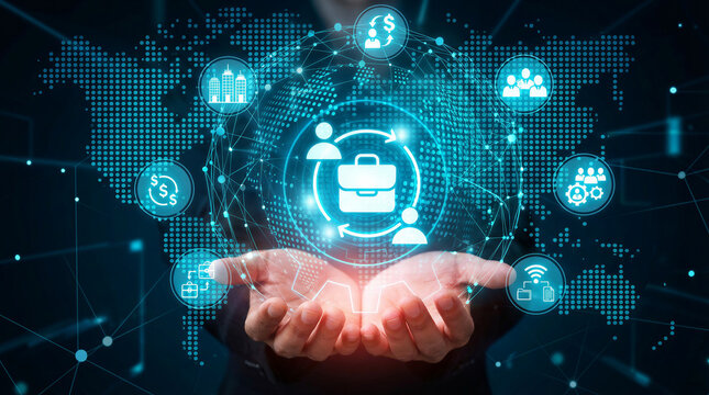 Business executive holding global network and B2B business strategy, enterprise collaboration, procurement automation solutions integration partnership digital communication logistics - Powered by Adobe