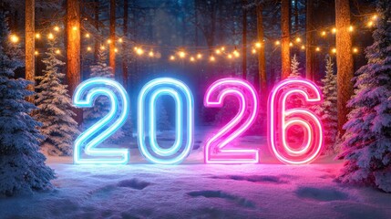 neon sign displays new year 2026 atop snow covered surface bright lights illuminate winter scene festive atmosphere