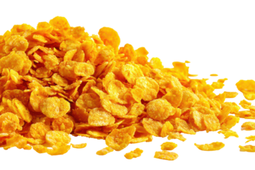 Pile of golden cornflakes isolated on transparent background. Golden corn flakes cereal pile heap healthy breakfast isolated on white background.