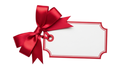 Blank white gift tag with a bright red satin ribbon bow attached, isolated on transparent background for copy space