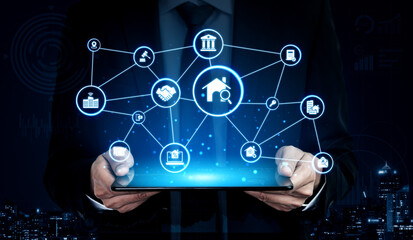 Online property search icons showing real estate rent, sale, housing, location, property management, key, contract, mortgage, home loan, and housing market. Entice