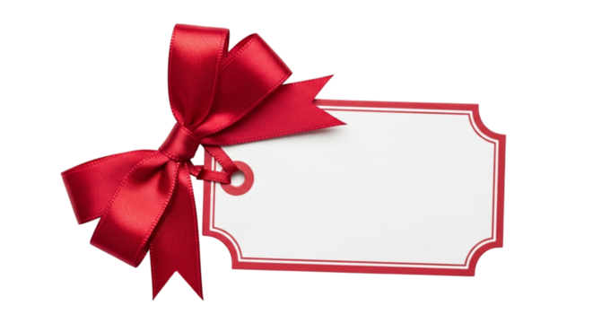 Blank white gift tag with a bright red satin ribbon bow attached, isolated on transparent background for copy space