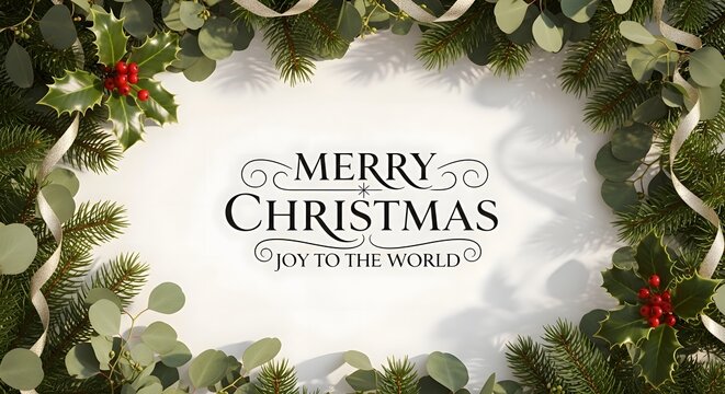 Elegant Christmas greeting with festive typography, framed by lush evergreen branches, red berries, and ribbons, perfect for holiday wishes and seasonal joy