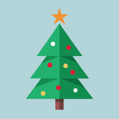 Green christmas tree with star and colorful balls on transparent background