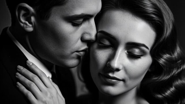 Romantic couple embracing, monochrome elegance