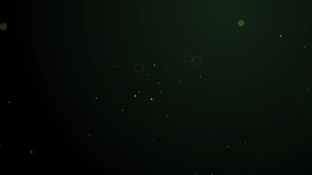 Abstract dark green background featuring scattered glowing particles, subtle circles, and faint light rings suggesting a cosmic or digital space