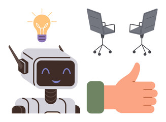 Smiling robot with a light bulb symbolizes ideas, two office chairs for teamwork, and thumbs-up gesture for approval or success. Ideal for innovation, collaboration, technology, workplace, AI