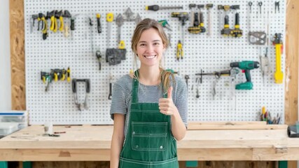 Workshop Success: A skilled woman in an apron, gives a thumbs up, surrounded by her tools, symbolizing craftsmanship and a job well done.