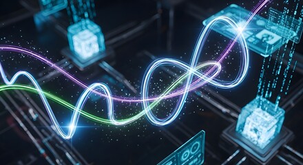 Dynamic digital data streams illuminating an intricate network of interconnected processing units, visualizing the future of advanced computing and global information exchange