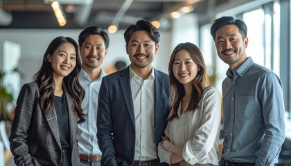 Obraz premium Diverse Group of Asian Business Professionals Smiling Confidently in a Modern Office Environment.