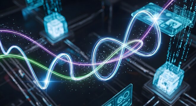 Dynamic digital data streams illuminating an intricate network of interconnected processing units, visualizing the future of advanced computing and global information exchange