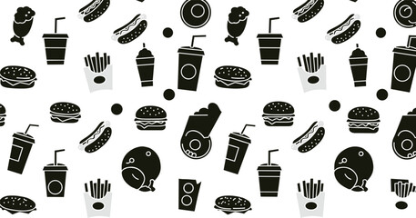 Fast food icons, burger, hot dog, fries, soda, donut, ice cream, snack pattern, black and white, vector illustration