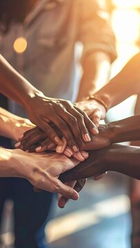 Diverse hands unite in a powerful symbol of teamwork and collaboration.