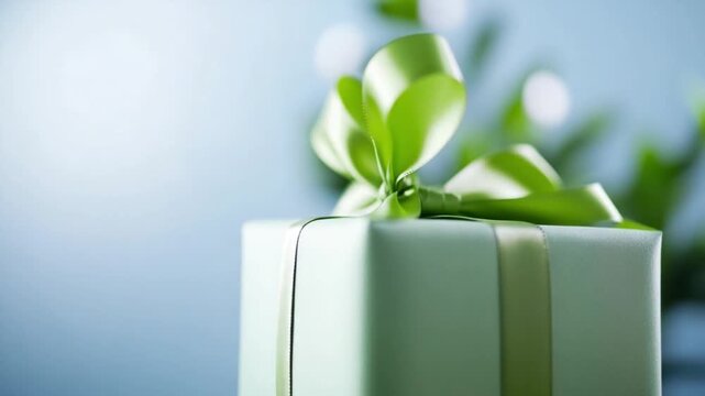 Elegant Gift: A beautifully wrapped gift box, adorned with a delicate ribbon bow, epitomizes the joy of giving, set against a soft, blurred backdrop that hints at a serene, celebratory setting.