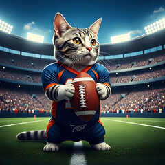 Cute Cat Quarterback Holding Football on Field Funny Sports Pet