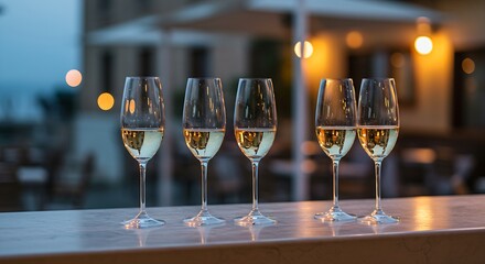  Elegant champagne flutes filled with a light-colored sparkling wine on a bar counter, with a blurred backdrop of an outdoor dining patio in a Mediterranean village at dusk. Ratio 16:9, romantic, Euro
