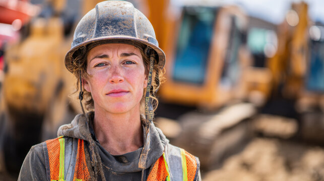 female construction worker wearing hard hat on construction site with heavy machinery in background - Powered by Adobe