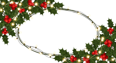 Festive oval frame made of realistic holly leaves, red berry clusters, and glowing string lights, isolated on transparent background for holiday design element