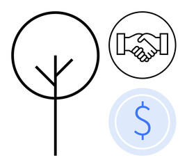 Sustainability concept. Tree environmental responsibility, handshake for collaboration, and money icon for economic growth. Sustainability in ecology, business, and finance. Suitable