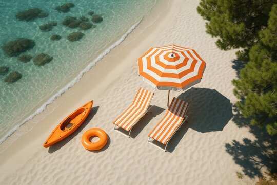 Orange striped umbrella with lounge chairs on sandy beach near clear water and kayak.