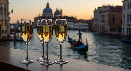  Elegant champagne flutes filled with a light-colored sparkling wine on a bar counter, with a blurred backdrop of a gondola ride on a Venetian canal at sunset. Ratio 16:9, picturesque, romantic, trave