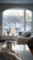 Sunlight streams into a cozy living room with soft blankets and a shiny teapot, creating a warm winter ambiance.