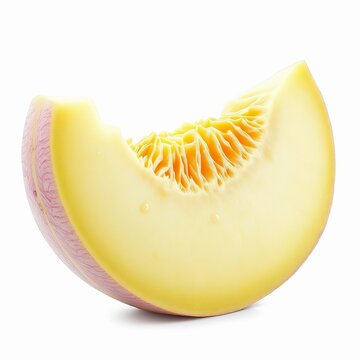 A single slice of ripe, pale yellow cantaloupe melon with visible seeds and flesh, isolated on white background