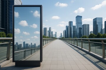Fototapeta premium Empty billboard on modern city pedestrian bridge with glass skyscrapers around.