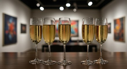  Elegant champagne flutes filled with a light-colored sparkling wine on a bar counter, with a blurred backdrop of a sophisticated gallery opening with spotlights on abstract paintings. Ratio 16:9, art