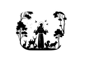 Silhouette Vector, Saint Francis of Assisi with Animals Vector Illustration &ndash; Christian Artwork of Saint in the Woods with Birds and Wildlife