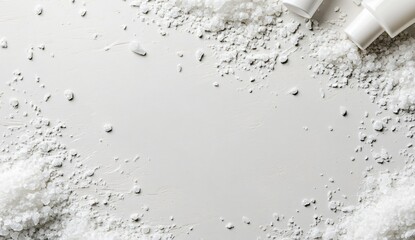 Minimalist spa vibes with white tubes and sea salt scattered on a clean surface, perfect for wellness brand mockups and serene cosmetic ads