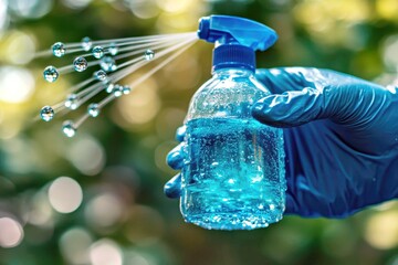 Enzyme cleaner Drain Trash Bin Cleaning Alkalinity increaser Hypochlorous acid Deep service Branch basics Magic molecule The Pink Stuff Ecos A close-up of persons gloved hand holding disinfectant spr