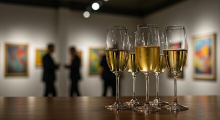  Elegant champagne flutes filled with a light-colored sparkling wine on a bar counter, with a blurred backdrop of a sophisticated gallery opening with spotlights on abstract paintings. Ratio 16:9, art