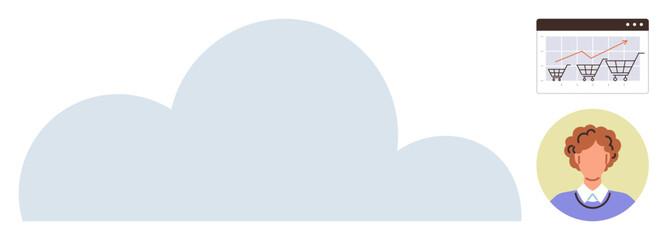 Cloud represents data storage, shopping cart analytics graph symbolizes e-commerce growth, user avatar reflects personalized experience. Ideal for online retail, cloud computing, data visualization