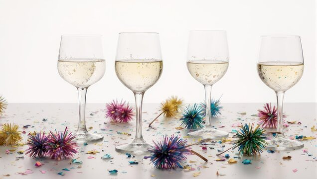 Four glasses of white wine with confetti and party decorations.