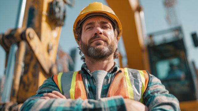 construction worker with a confident expression wearing safety gear amidst heavy machinery - Powered by Adobe