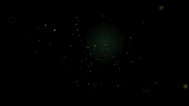 Abstract digital animation featuring scattered green particles and geometric shapes against a deep black background, resembling cosmic dust or glowing spores