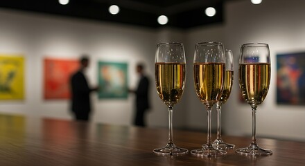  Elegant champagne flutes filled with a light-colored sparkling wine on a bar counter, with a blurred backdrop of a sophisticated gallery opening with spotlights on abstract paintings. Ratio 16:9, art