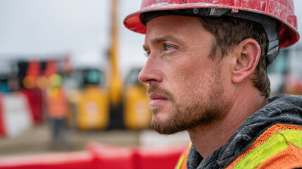 construction worker in safety gear observing a construction site with focused expression