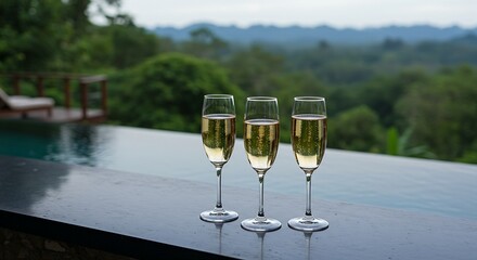  Elegant champagne flutes filled with a light-colored sparkling wine on a bar counter, with a blurred backdrop of a luxurious infinity pool overlooking a jungle valley. Ratio 16:9, exotic, opulent, re