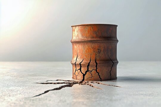 Oxidizing agent Synthetic fuel Dry lubricant Anthropocene Resource depletion Contingency fund aize ooze UpKeep KoBold Metals A small oil barrel with cracks appearing beneath it, symbolizing the frack