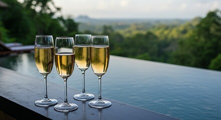  Elegant champagne flutes filled with a light-colored sparkling wine on a bar counter, with a blurred backdrop of a luxurious infinity pool overlooking a jungle valley. Ratio 16:9, exotic, opulent, re
