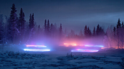 Mysterious glowing vehicles in a foggy winter forest at night