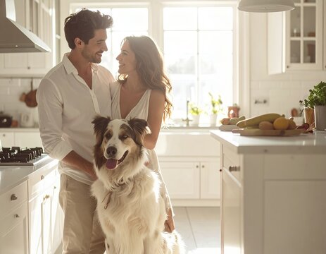 Happy couple and their dog enjoying a bright morning in their modern kitchen.