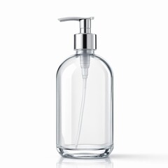 Empty clear glass soap dispenser bottle with silver pump isolated on white background for cosmetic product mockup